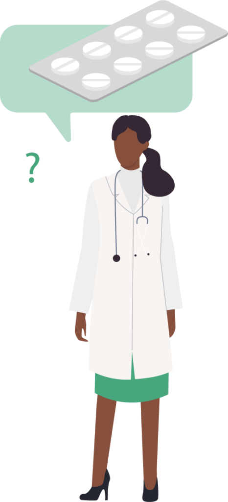 Icon of a physician with a speech bubble containing statin medication and a question mark.