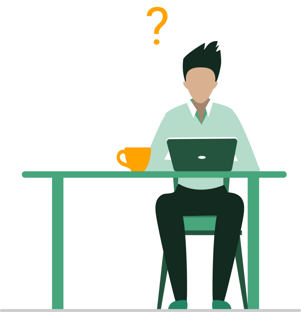 A male patient sitting at a table with a coffee mug and laptop with a question mark floating beside his head.